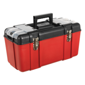 The Sealey Toolbox 495mm with Tote Tray - AP535 is a durable red and black plastic toolbox featuring a convenient handle on top and two secure metal locking clasps on the front. The lid includes transparent compartments ideal for storing small items, making it perfect for organizing hand tools or small power tools.