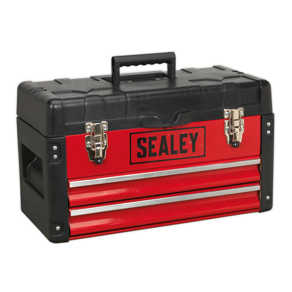 A red and black Sealey AP547 heavy-duty toolbox constructed from steel and polypropylene, featuring two metal latches, a top handle, and ball-bearing runner drawers.