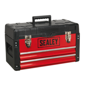 A red and black Sealey AP547 heavy-duty toolbox constructed from steel and polypropylene, featuring two metal latches, a top handle, and ball-bearing runner drawers.