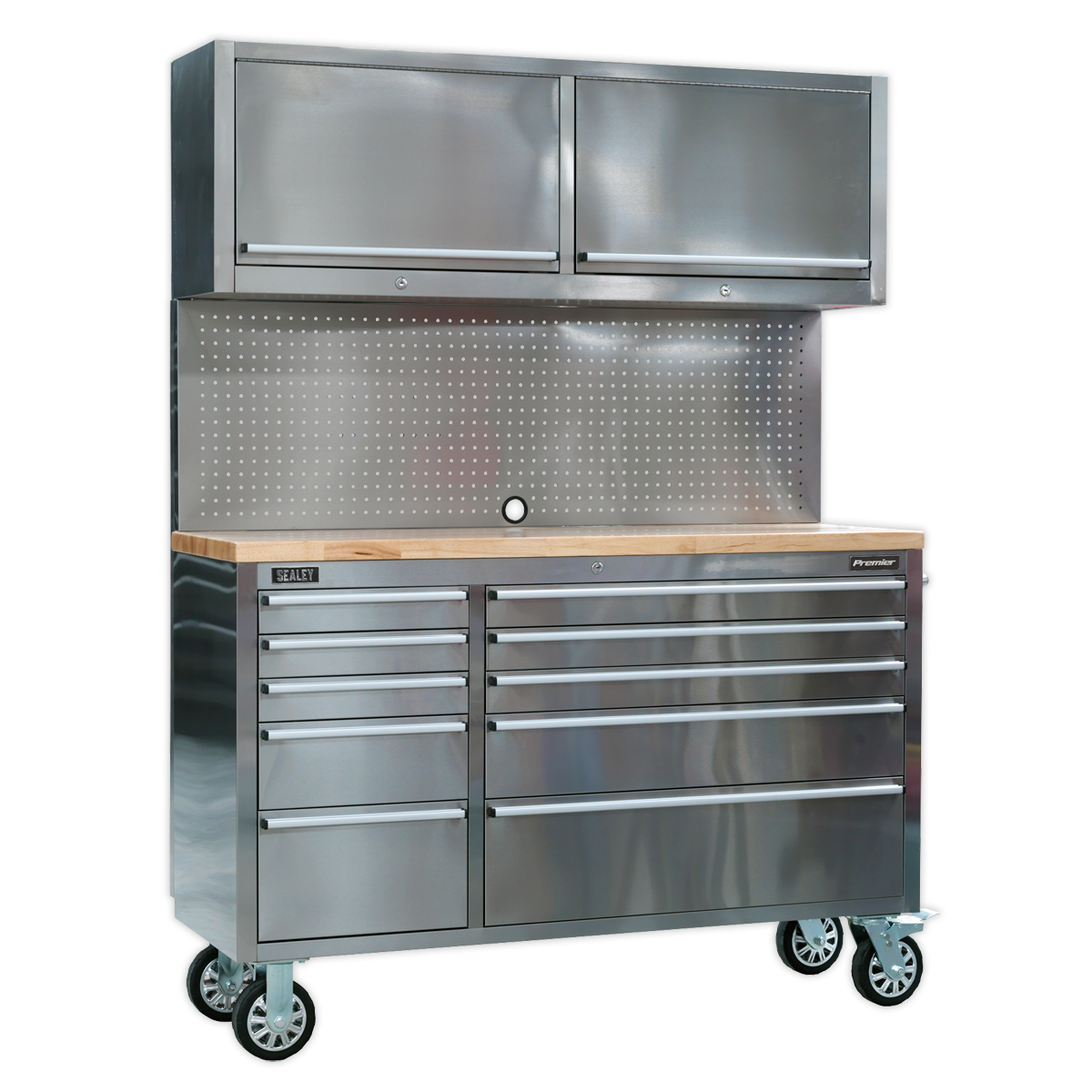 The Sealey Mobile Stainless Steel Tool Cabinet, model AP5520SS, features anti-fingerprint surfaces, a pegboard back panel, 10 drawers and two wall cupboards on top, a wooden work surface, and rolling wheels.