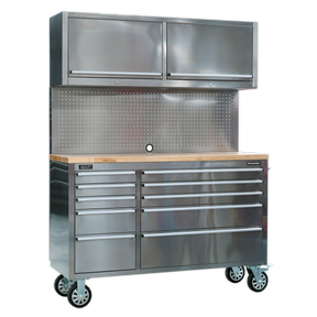 The Sealey Mobile Stainless Steel Tool Cabinet, model AP5520SS, features anti-fingerprint surfaces, a pegboard back panel, 10 drawers and two wall cupboards on top, a wooden work surface, and rolling wheels.