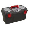 The Sealey Toolbox with Tote Tray 560mm - AP560 is a black plastic toolbox that comes equipped with a red handle and latches, as well as multiple compartments with clear lids on the top, making it an efficient organiser.