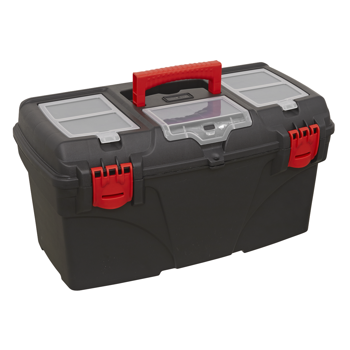 The Sealey Toolbox with Tote Tray 560mm - AP560 is a black plastic toolbox that comes equipped with a red handle and latches, as well as multiple compartments with clear lids on the top, making it an efficient organiser.