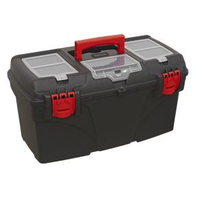 The Sealey Toolbox with Tote Tray 560mm - AP560 is a black plastic toolbox that comes equipped with a red handle and latches, as well as multiple compartments with clear lids on the top, making it an efficient organiser.