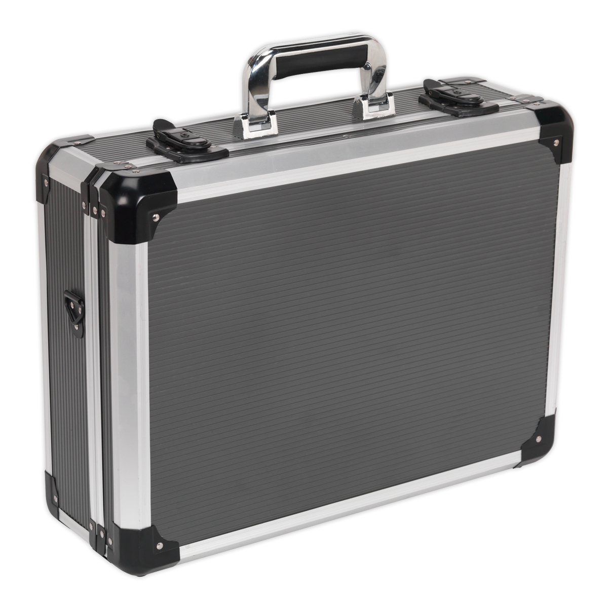 A Sealey Tool Case Heavy-Duty - AP610 featuring a gray hard-shell design with black protective corners, an aluminum frame, and a metal handle.