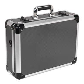 A Sealey Tool Case Heavy-Duty - AP610 featuring a gray hard-shell design with black protective corners, an aluminum frame, and a metal handle.