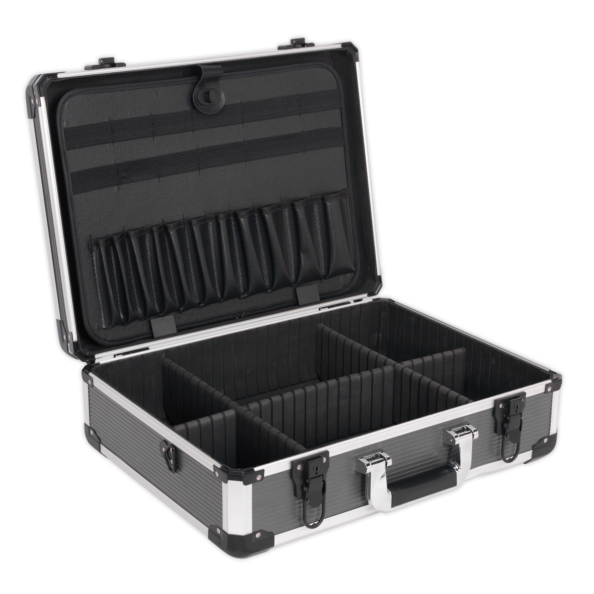 The Tool Case Heavy-Duty - AP610 by Sealey is a black and silver hard-shell carrying case featuring an aluminum frame, multiple compartments, and a soft interior lining. It opens to reveal storage slots and movable dividers.
