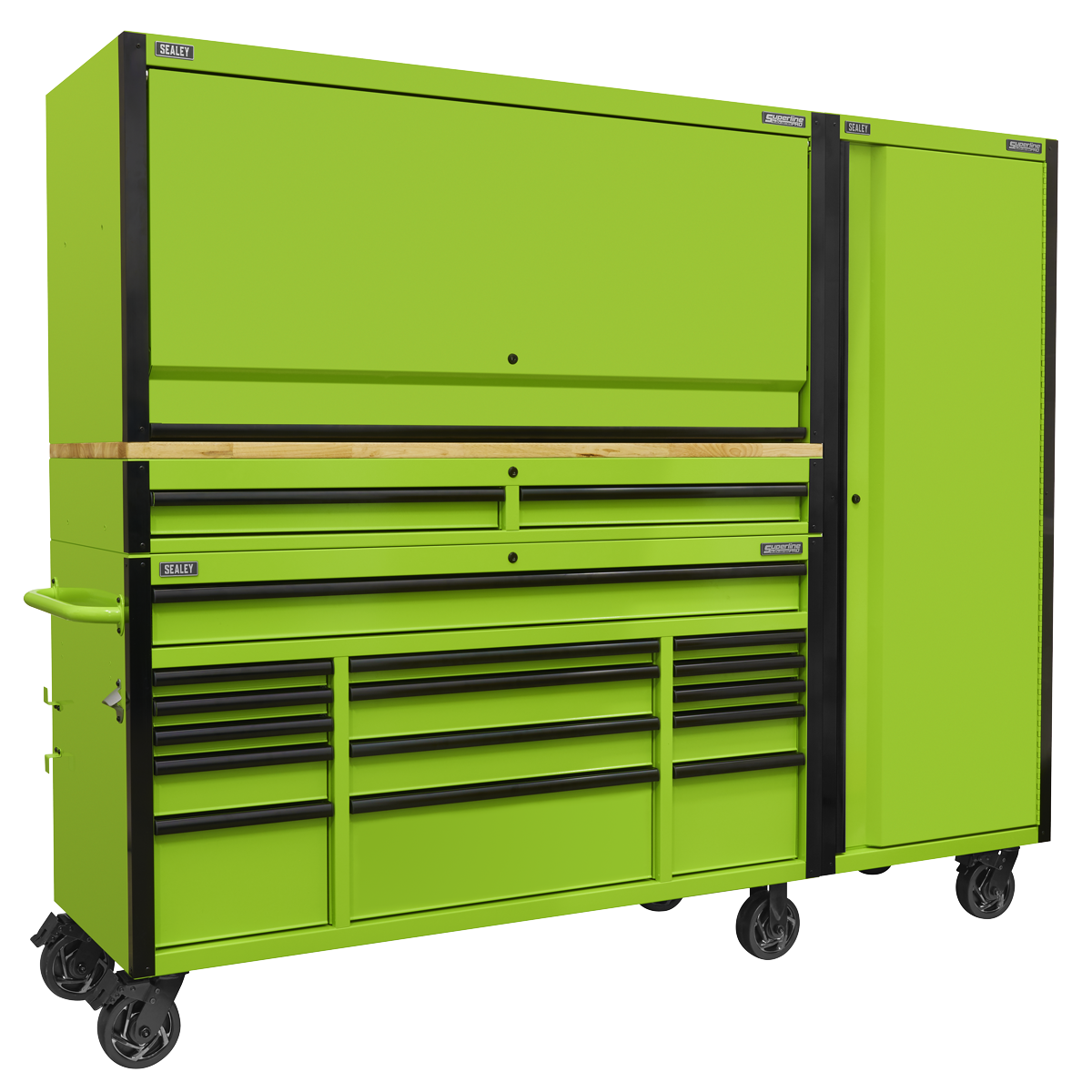 The Sealey 15 Drawer 1549mm Mobile Trolley with Wooden Worktop, Hutch, 2 Drawer Riser & Side Locker - AP6115BECOMBO2 is a bright green tool storage unit on wheels. Built with heavy-duty steel construction, it features multiple soft close drawers of varying sizes, a wooden countertop, and tall cabinets for additional storage.