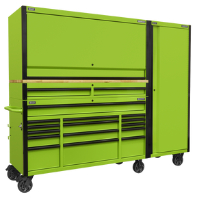 The Sealey 15 Drawer 1549mm Mobile Trolley with Wooden Worktop, Hutch, 2 Drawer Riser & Side Locker - AP6115BECOMBO2 is a bright green tool storage unit on wheels. Built with heavy-duty steel construction, it features multiple soft close drawers of varying sizes, a wooden countertop, and tall cabinets for additional storage.