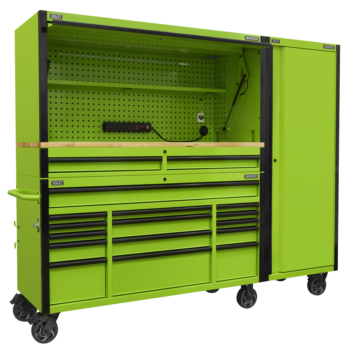 The Sealey 15 Drawer 1549mm Mobile Trolley with Wooden Worktop, Hutch, 2 Drawer Riser & Side Locker (AP6115BECOMBO2) features a bright green color and includes pegboard, soft close drawers, a wooden countertop, side cabinet, and an electrical strip mounted inside. Constructed from heavy-duty steel for exceptional durability, the unit is equipped with wheels for enhanced mobility and has a full height rear locking mechanism for improved security.