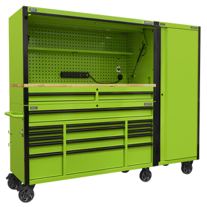 15 Drawer 1549mm Mobile Trolley with Wooden Worktop, Hutch, 2 Drawer Riser & Side Locker - AP6115BECOMBO2 - Farming Parts