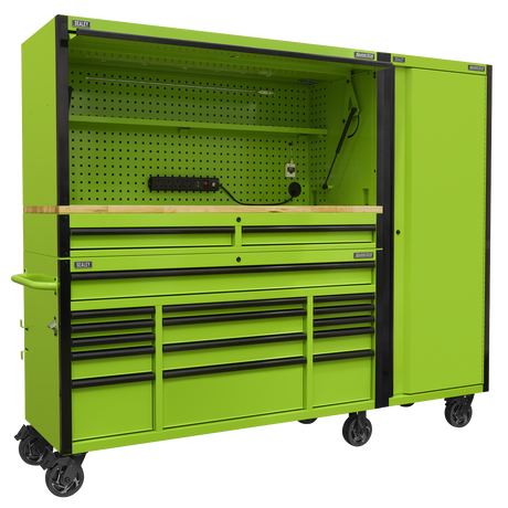 15 Drawer 1549mm Mobile Trolley with Wooden Worktop, Hutch, 2 Drawer Riser & Side Locker - AP6115BECOMBO2 - Farming Parts
