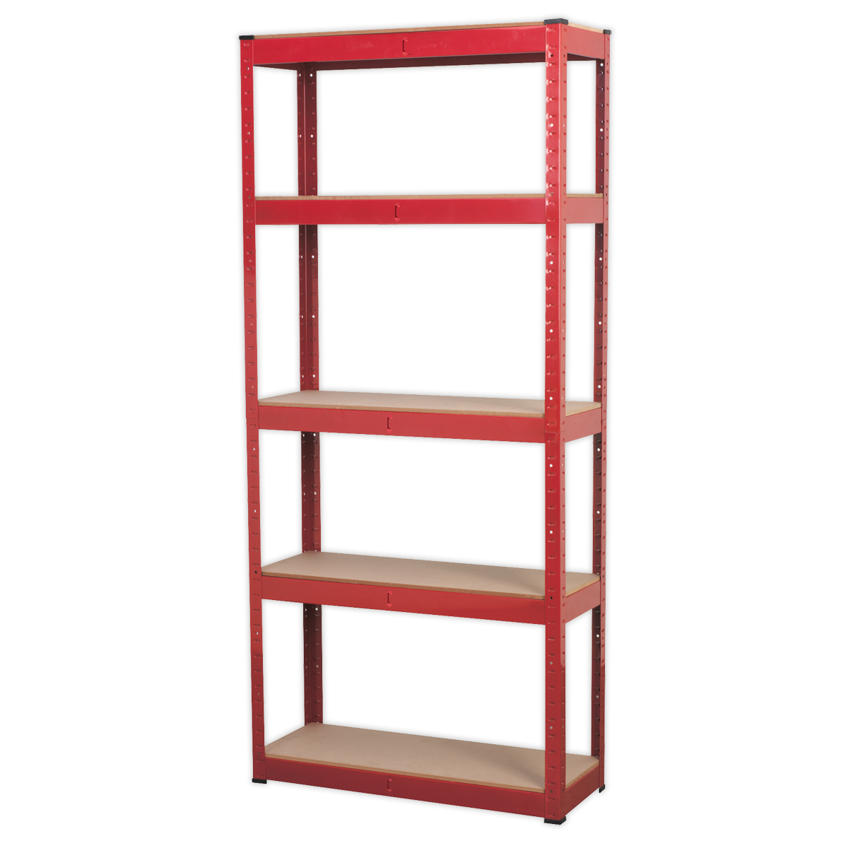 Introducing the Sealey AP6150 Racking Unit, featuring a robust red and black steel frame and five adjustable wooden shelves, each with an impressive 150kg capacity to meet all your storage needs.