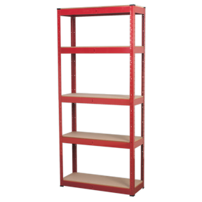 Introducing the Sealey AP6150 Racking Unit, featuring a robust red and black steel frame and five adjustable wooden shelves, each with an impressive 150kg capacity to meet all your storage needs.