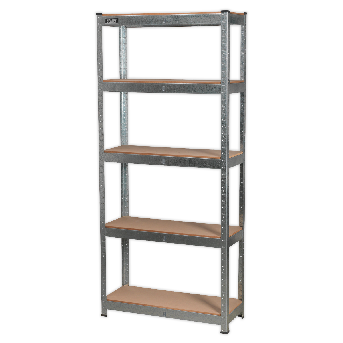 The Sealey Racking Unit 5 Shelf 150kg Capacity Per Level - AP6150GS is a tall, five-tier shelving unit featuring brown wooden shelves and a galvanized steel frame, perfect for storage or organization.