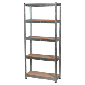 The Sealey Racking Unit 5 Shelf 150kg Capacity Per Level - AP6150GS is a tall, five-tier shelving unit featuring brown wooden shelves and a galvanized steel frame, perfect for storage or organization.