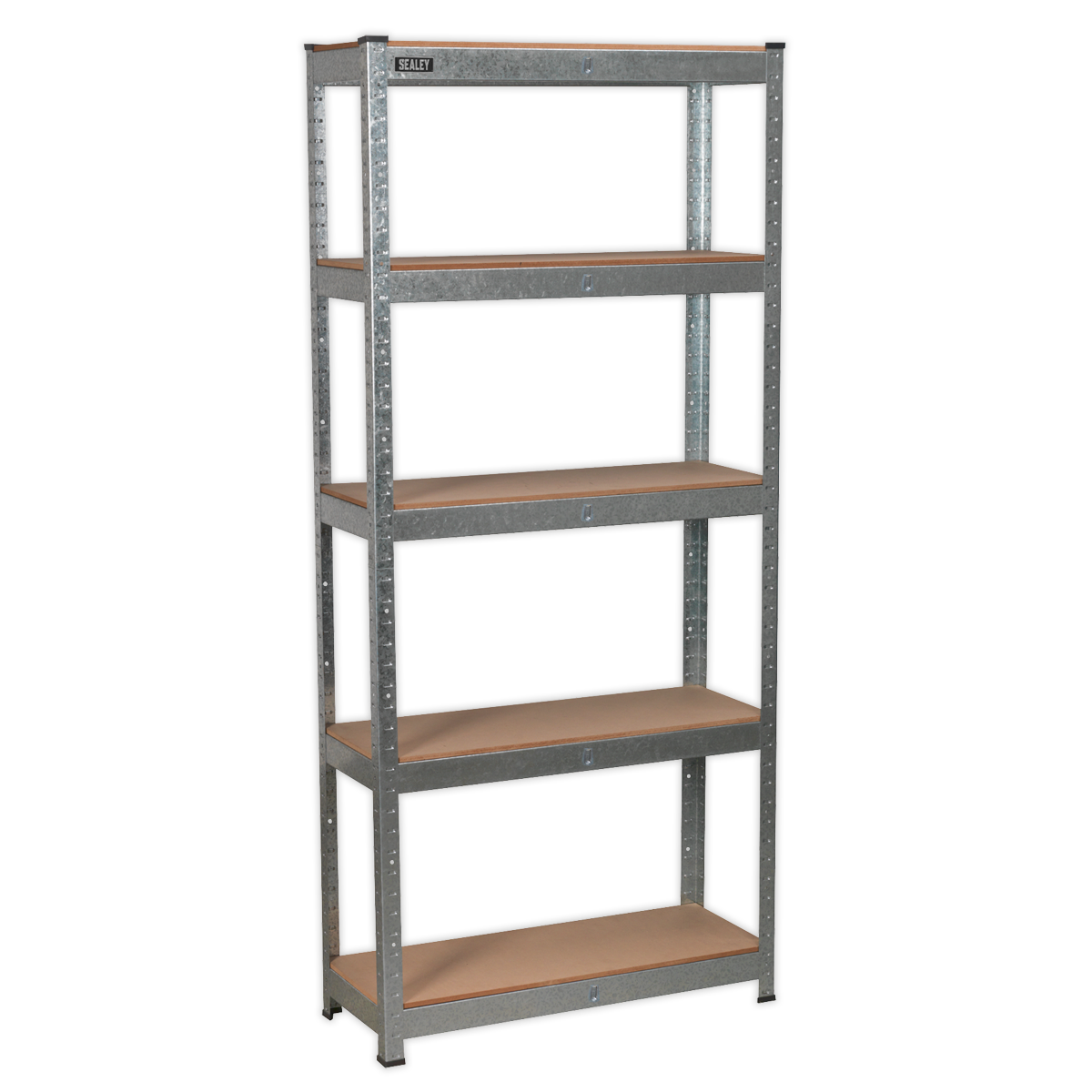 The Sealey Racking Unit 5 Shelf 150kg Capacity Per Level - AP6150GS features a galvanized steel frame for durability and easy assembly, with each of its five wooden shelves supporting up to 150kg.