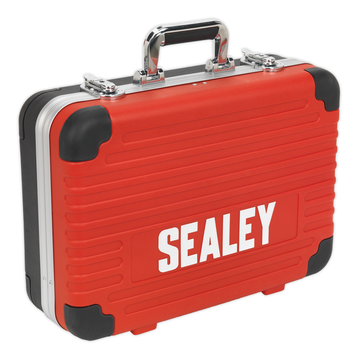 A Sealey branded Professional HDPE Tool Case Heavy-Duty - AP616, featuring red color, lightweight design with black corner protectors, locking catches, and a metal handle, ideal for the mobile technician.