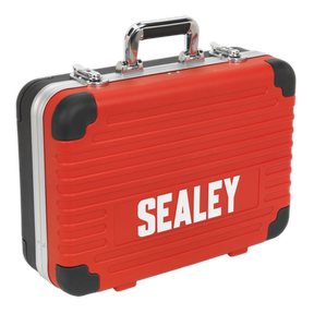 A Sealey branded Professional HDPE Tool Case Heavy-Duty - AP616, featuring red color, lightweight design with black corner protectors, locking catches, and a metal handle, ideal for the mobile technician.