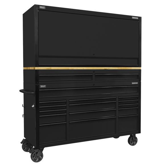 Superline PRO® Black Edition Mobile Trolley with Wooden Worktop 15 Drawer, Hutch & 2 Drawer Riser 1549mm - SE-AP6215BECOMBO1