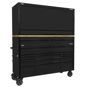 Superline PRO® Black Edition Mobile Trolley with Wooden Worktop 15 Drawer, Hutch & 2 Drawer Riser 1549mm - SE-AP6215BECOMBO1