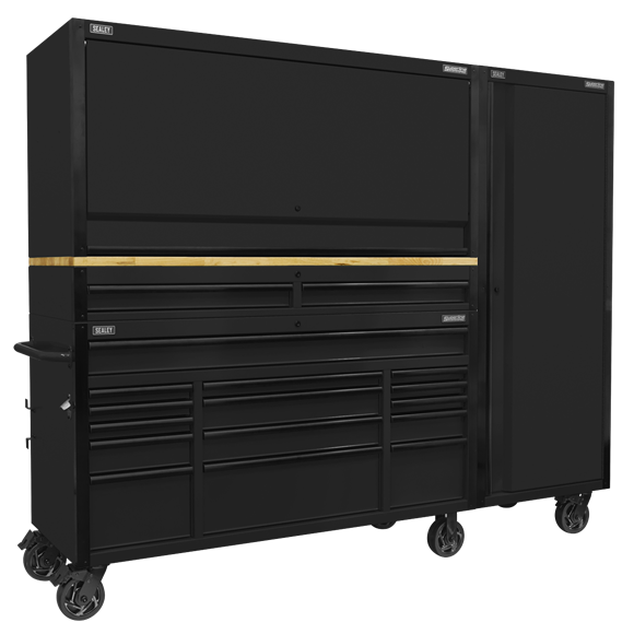 Superline PRO® Black Edition Mobile Trolley with Wooden Worktop 15 Drawer, Hutch, 2 Drawer Riser & Side Locker 1549mm - SE-AP6215BECOMBO2