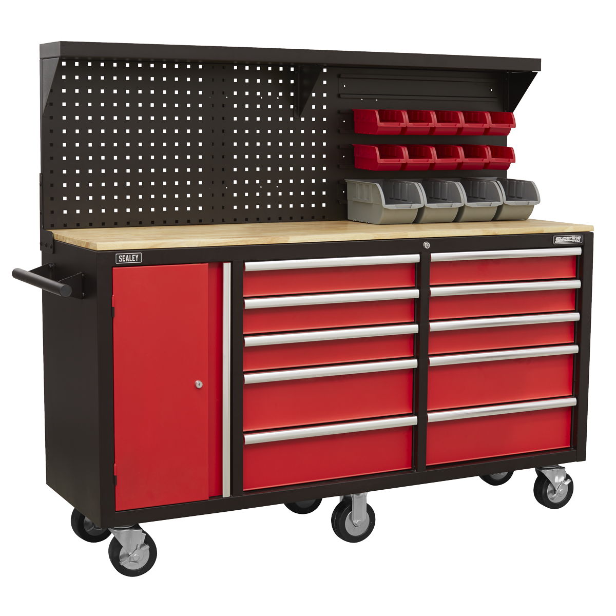 The Sealey Mobile Workstation 10 Drawer with Backboard - AP6310 is a large, red and black rolling tool chest that features a wooden worktop, multiple drawers, and a pegboard equipped with storage bins and shelves. This heavy-duty cabinet provides the durability needed for any workshop.