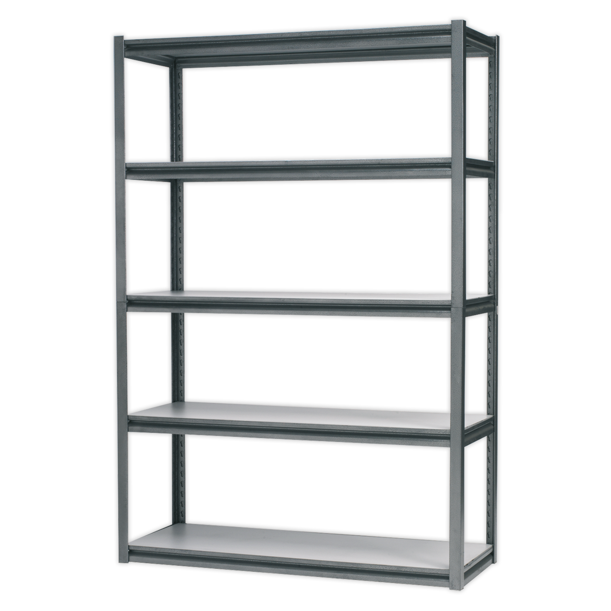 The Sealey Racking Unit with 5 Shelves 600kg Capacity Per Level - AP6548 stands empty against a plain background, showcasing its heavy-duty steel frame and sleek black framing. The boltless design allows for easy assembly, while the adjustable shelving provides flexibility.