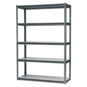 The Sealey Racking Unit with 5 Shelves 600kg Capacity Per Level - AP6548 stands empty against a plain background, showcasing its heavy-duty steel frame and sleek black framing. The boltless design allows for easy assembly, while the adjustable shelving provides flexibility.