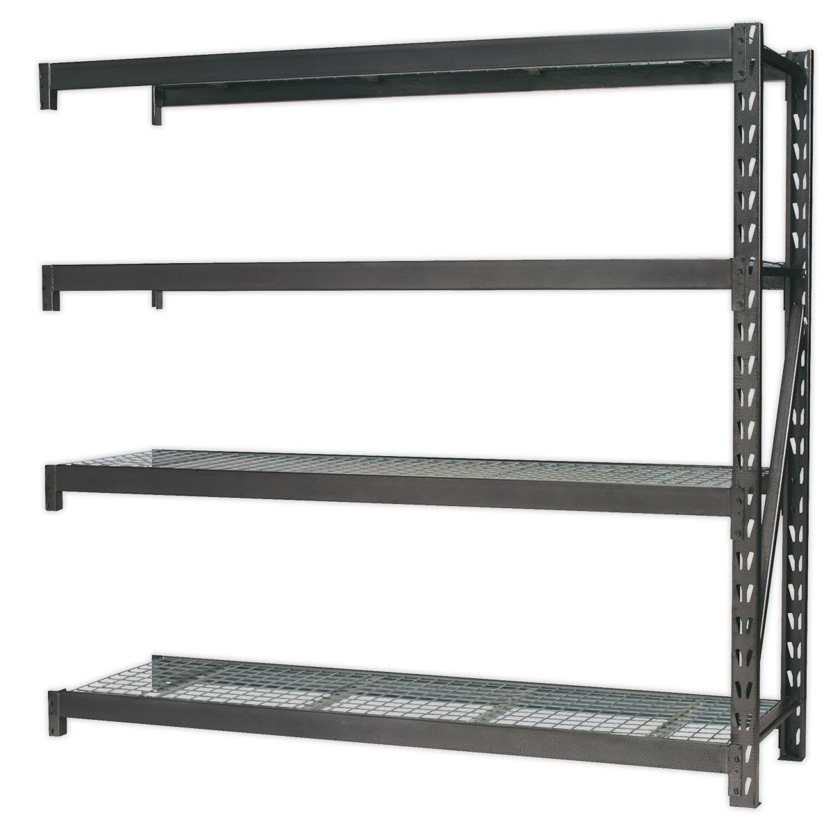 The Sealey Heavy-Duty Racking Extension Pack, AP6572E, features four black metal tiers with robust wire mesh shelves. It's designed to handle an impressive 640kg per level, making it ideal for organizing a variety of items with industrial-grade sturdiness and durability.