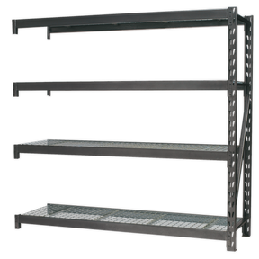 The Sealey Heavy-Duty Racking Extension Pack, AP6572E, features four black metal tiers with robust wire mesh shelves. It's designed to handle an impressive 640kg per level, making it ideal for organizing a variety of items with industrial-grade sturdiness and durability.