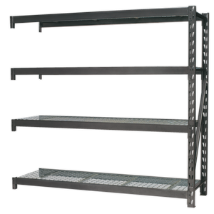 The Sealey Heavy-Duty Racking Extension Pack, AP6572E, features four black metal tiers with robust wire mesh shelves. It's designed to handle an impressive 640kg per level, making it ideal for organizing a variety of items with industrial-grade sturdiness and durability.