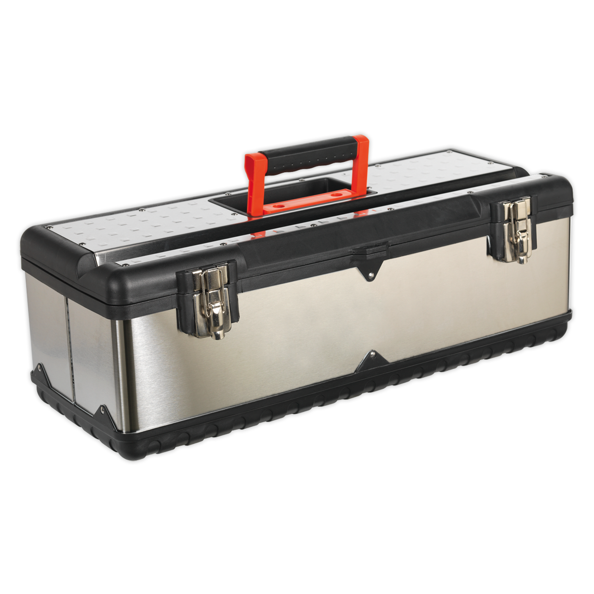 Introducing the Sealey Stainless Steel Toolbox 660mm with Tote Tray - AP660S, a heavy-duty toolbox in silver and black that features a soft grip carry handle and dual metal latches.