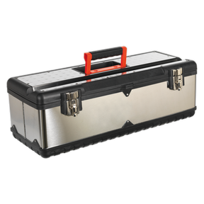 Introducing the Sealey Stainless Steel Toolbox 660mm with Tote Tray - AP660S, a heavy-duty toolbox in silver and black that features a soft grip carry handle and dual metal latches.