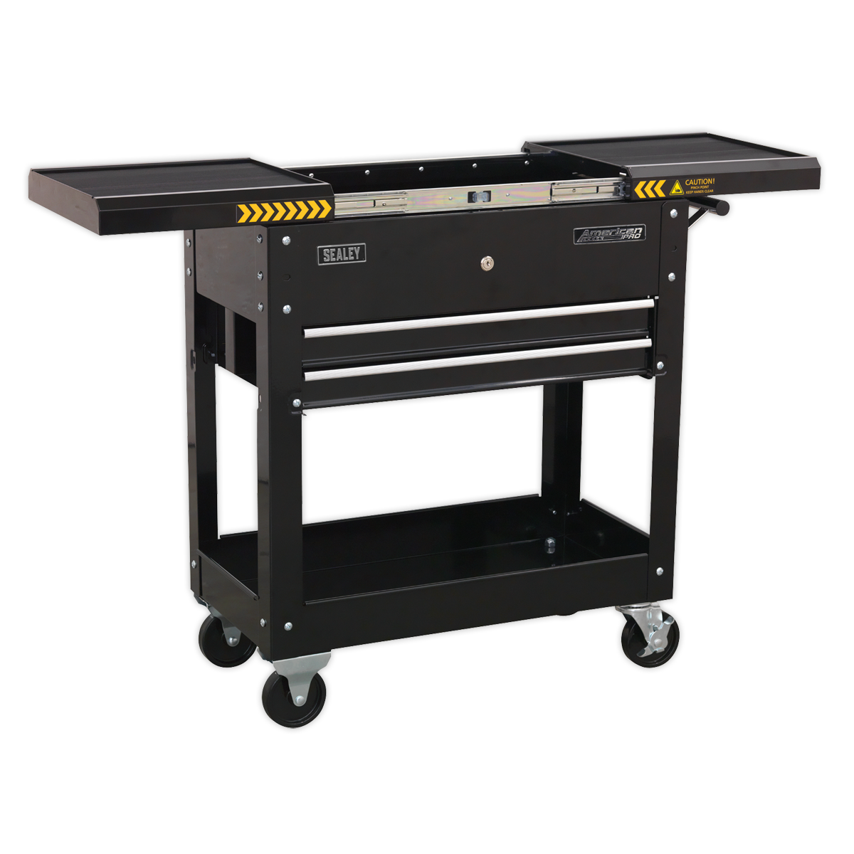 The Sealey Mobile Tool & Parts Trolley - Black - AP705MB features a single drawer, an open storage space beneath, and fold-out side trays. Constructed from heavy gauge steel, it comes with a lockable sliding top and heavy-duty ball-bearing slides. The trolley is equipped with four caster wheels and caution markings on the side trays.