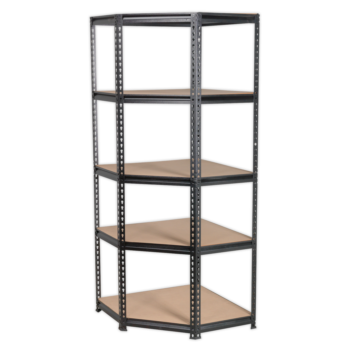 The Sealey AP7150C Corner Racking Unit features a black metal frame and five wooden shelves, boasting a sturdy steel construction and a convenient boltless design with a 150kg capacity per level.