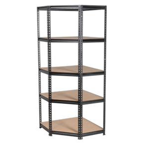 The Sealey AP7150C Corner Racking Unit features a black metal frame and five wooden shelves, boasting a sturdy steel construction and a convenient boltless design with a 150kg capacity per level.