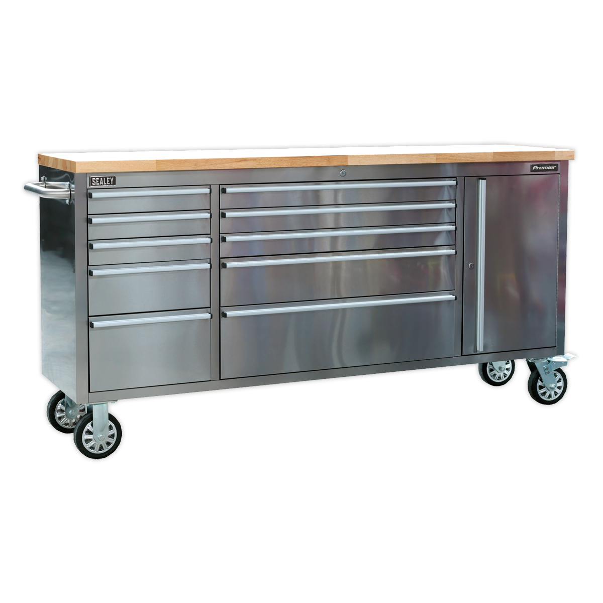 The Sealey Mobile Stainless Steel Tool Cabinet 10 Drawer & Cupboard - AP7210SS boasts a durable stainless steel construction and features multiple drawers for ample storage, including a 10-drawer setup. Complete with a wooden top surface, this versatile piece on wheels doubles as both a stainless steel workbench and an organizational solution.