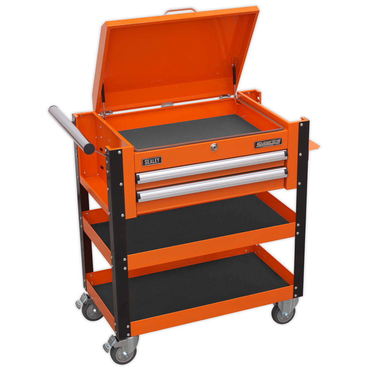 Heavy-Duty Mobile Tool & Parts Trolley 2 Drawers & Lockable Top - Orange - AP760MO - Farming Parts