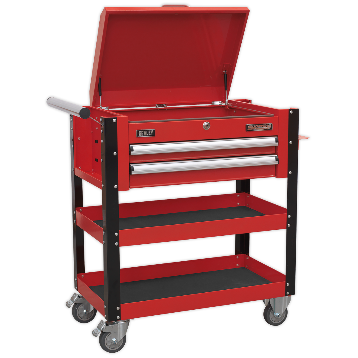 The Sealey Heavy-Duty Mobile Tool & Parts Trolley 2 Drawers & Lockable Top - Red - AP760M is a red workshop trolley featuring an open top compartment, a lockable lid, two drawers, and two shelves. It also comes equipped with a handle on the left side and smooth wheels for easy maneuverability.