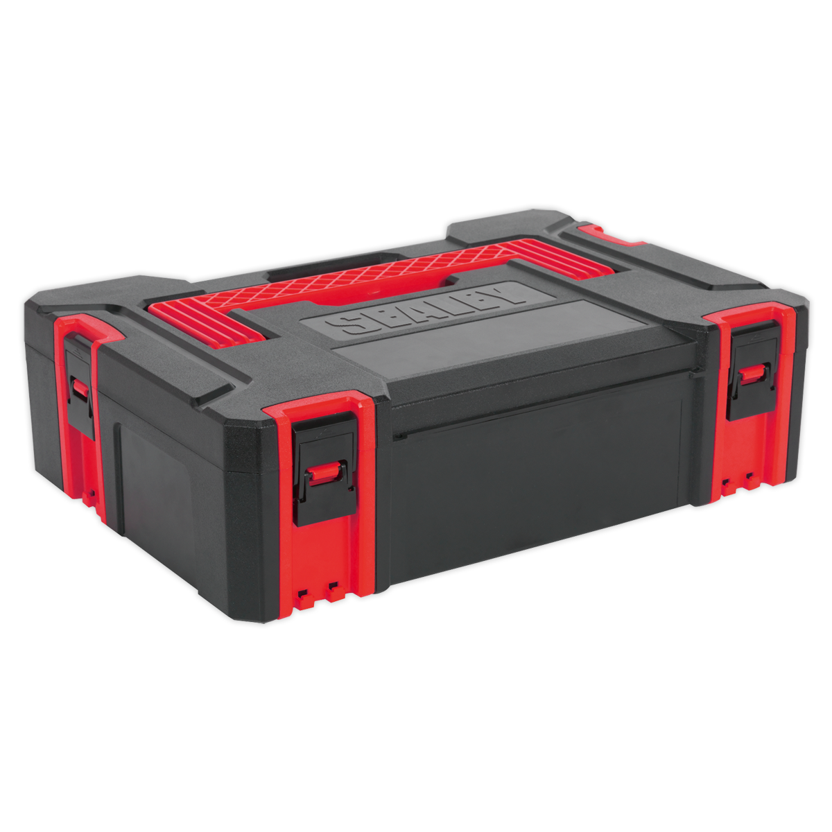 The ABS Stackable Click Together Toolbox - Small (AP8130) by Sealey is a black and red plastic toolbox featuring sturdy clasps and a handle on top. The word "Sealey" is visible on the lid. Made from durable ABS, this portable toolbox ensures longevity and reliability for all your storage needs.