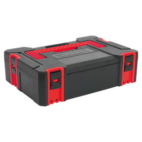 The ABS Stackable Click Together Toolbox - Small (AP8130) by Sealey is a black and red plastic toolbox featuring sturdy clasps and a handle on top. The word "Sealey" is visible on the lid. Made from durable ABS, this portable toolbox ensures longevity and reliability for all your storage needs.
