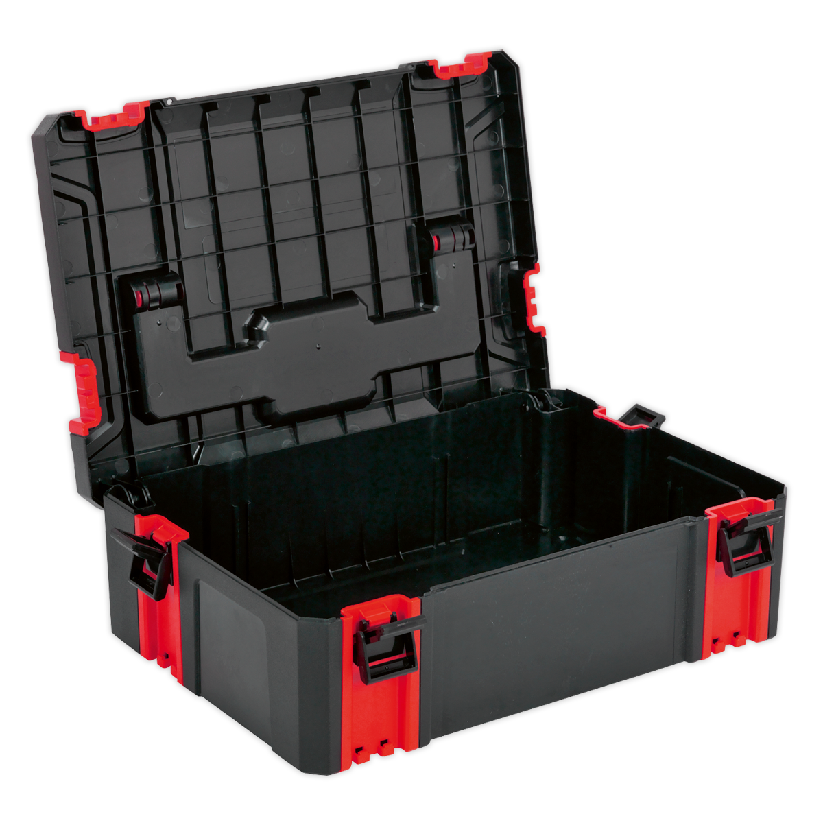 The Sealey ABS Stackable Click Together Toolbox - Medium (AP8150) is an open, durable black and red toolbox made of ABS, featuring multiple internal compartments for efficient storage and organization of tools and accessories.