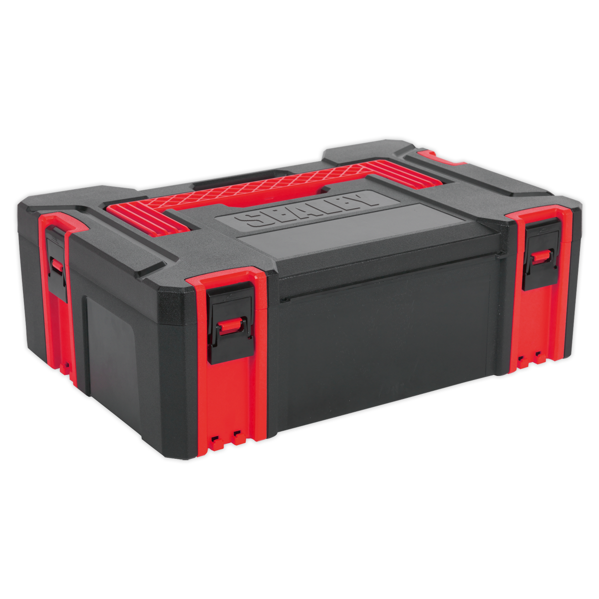 A medium-sized black and red plastic toolbox with a robust design features side latches and a handle on top. The word "Sealey" is embossed on the lid. Perfect for creating portable toolbox combinations, this ABS Stackable Click Together Toolbox ensures your tools are securely interlocked and easy to transport.