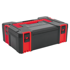 A medium-sized black and red plastic toolbox with a robust design features side latches and a handle on top. The word "Sealey" is embossed on the lid. Perfect for creating portable toolbox combinations, this ABS Stackable Click Together Toolbox ensures your tools are securely interlocked and easy to transport.