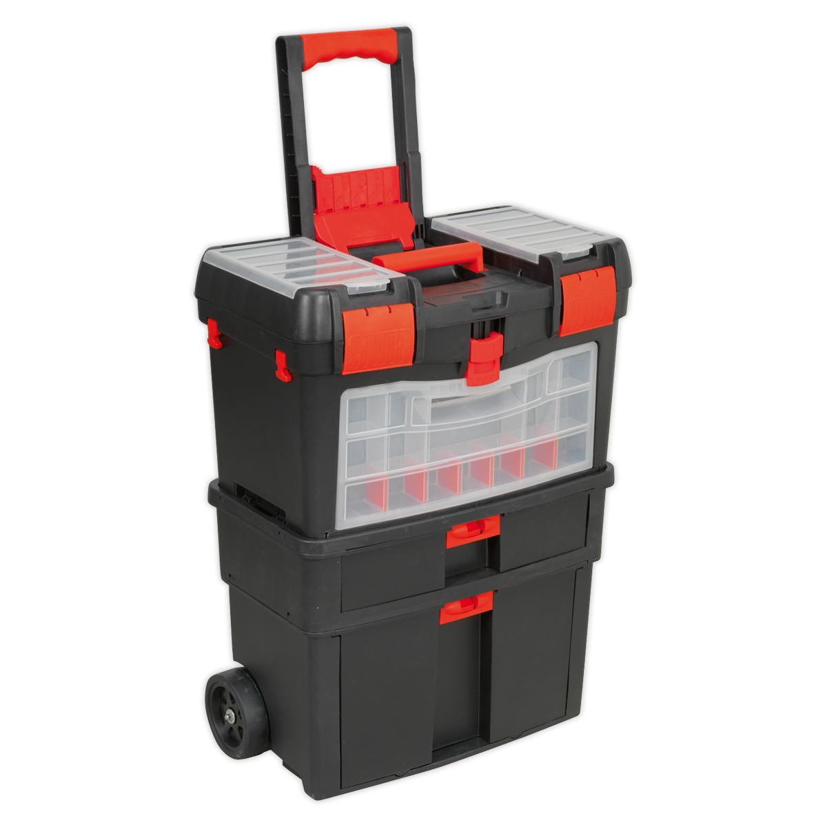 A black and red Sealey AP850 Mobile Toolbox with Tote Tray and Removable Assortment Box, featuring multiple storage compartments, a telescoping handle, and heavy-duty wheels, is shown.