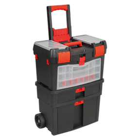 A black and red Sealey AP850 Mobile Toolbox with Tote Tray and Removable Assortment Box, featuring multiple storage compartments, a telescoping handle, and heavy-duty wheels, is shown.