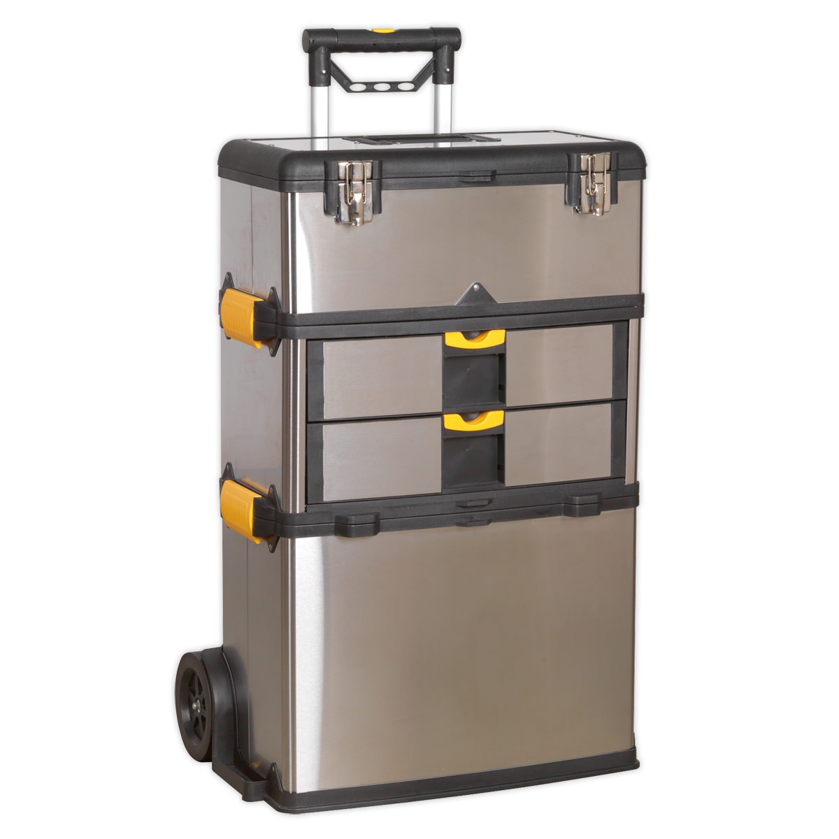 The Sealey Mobile Stainless Steel/Composite Toolbox - 3 Compartment - AP855 features black edges, yellow clasps, multiple compartments, an extendable handle, and heavy-duty wheels.