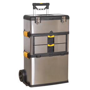 The Sealey Mobile Stainless Steel/Composite Toolbox - 3 Compartment - AP855 features black edges, yellow clasps, multiple compartments, an extendable handle, and heavy-duty wheels.