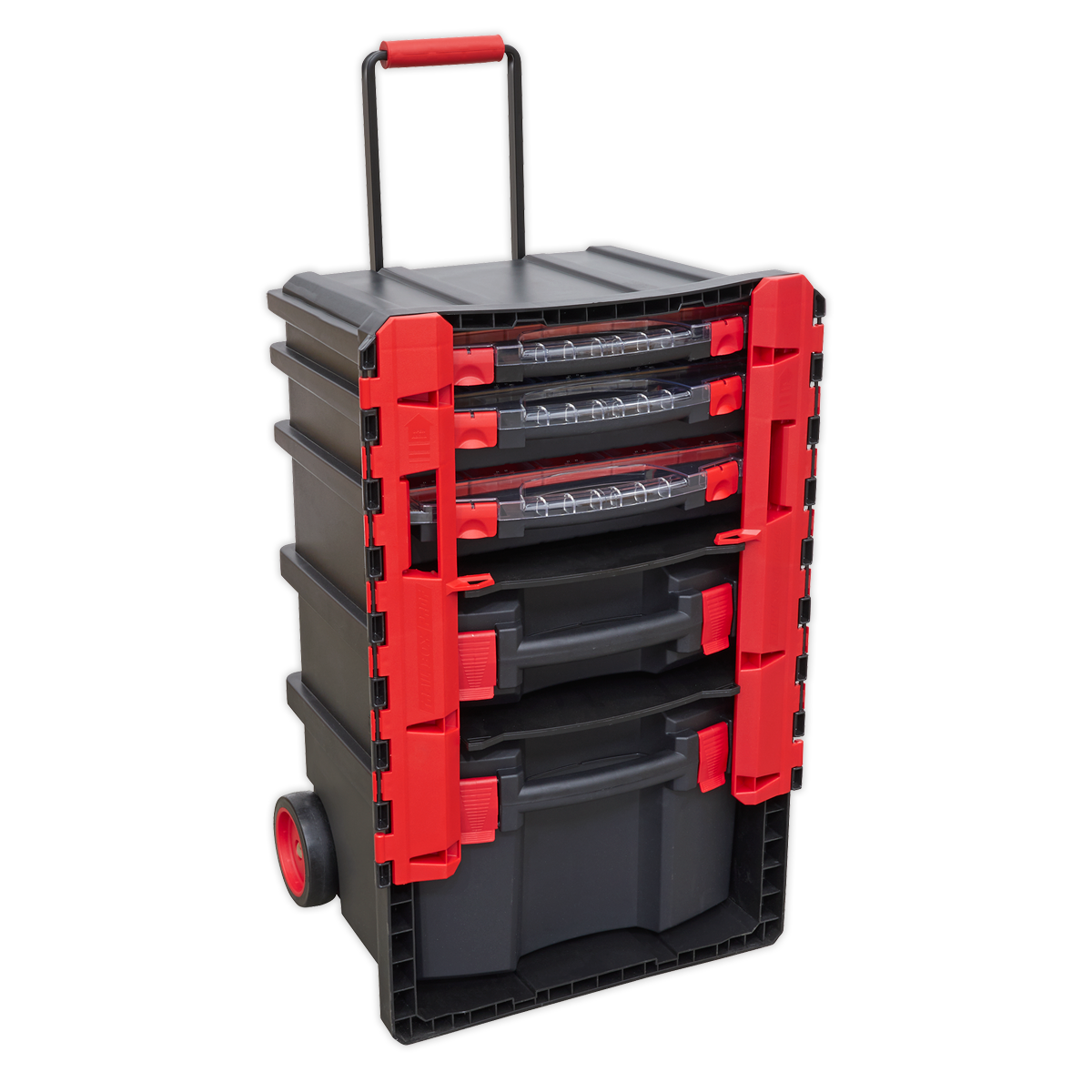 The Sealey Professional Mobile Toolbox with 5 Removable Storage Cases - AP860 features a sleek black and red design, equipped with multiple drawers and compartments, a retractable handle, and wheels for easy mobility. This mobile toolbox ensures all your tools are organized and readily accessible wherever you go.